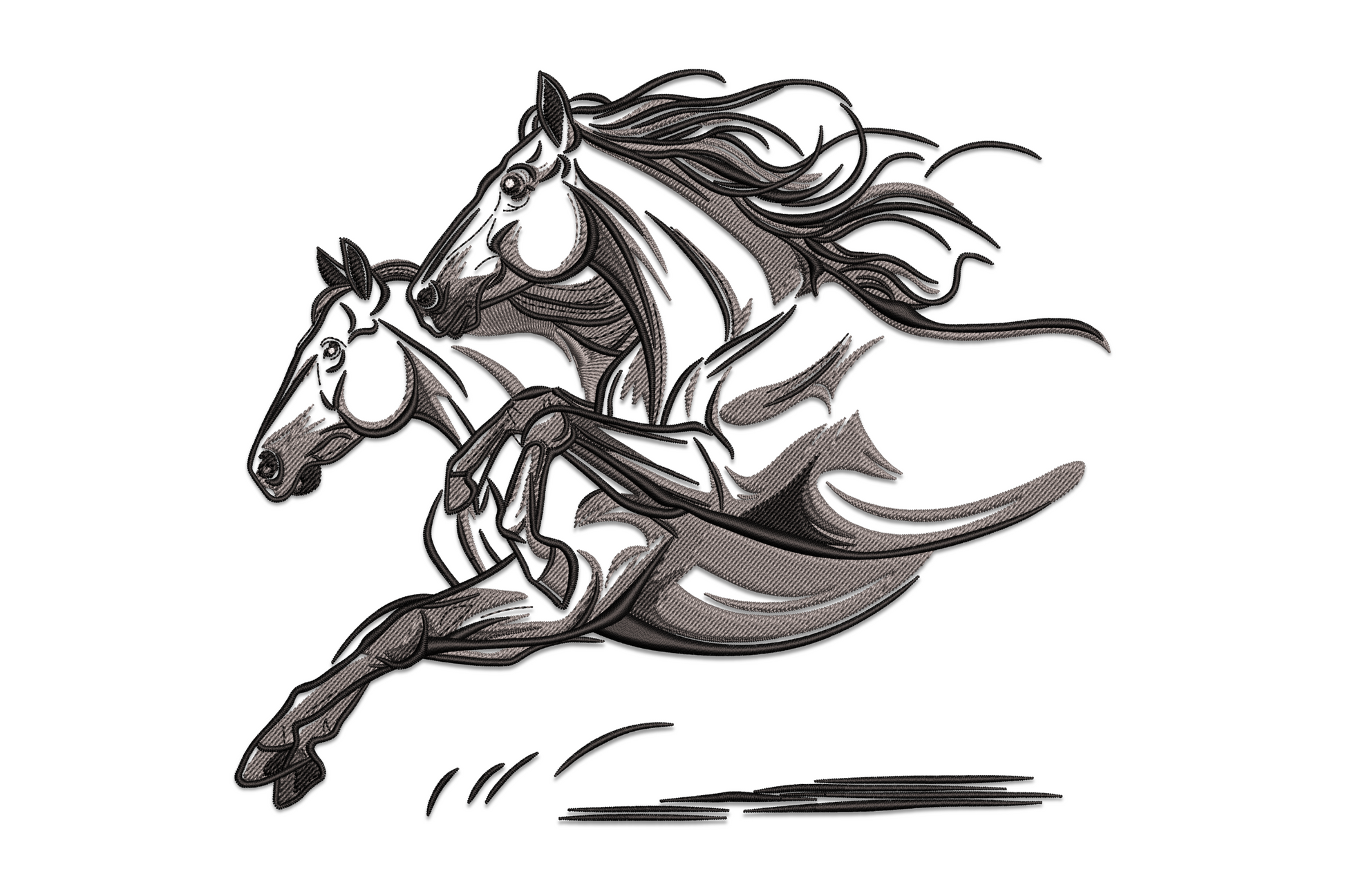 Running horse embroidery design in greyscale sketch style, mid-gallop with mane flying, 4-colour machine embroidery.