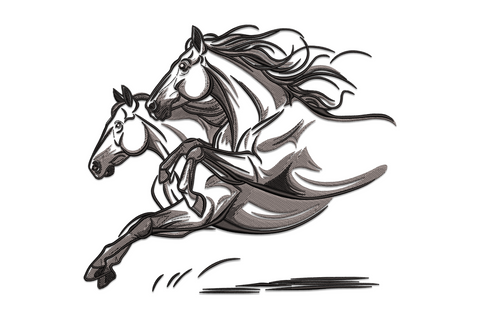 Running horse embroidery design in greyscale sketch style, mid-gallop with mane flying, 4-colour machine embroidery.