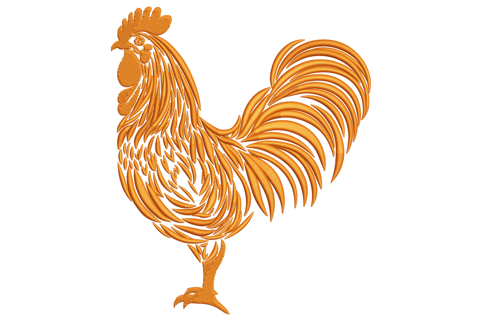 Single-colour rooster full body machine embroidery design, proud profile stance with arched tail feathers, directional satin texture, on white background.