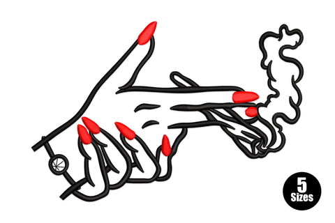 Stylish smoking hand embroidery, female hand with red pointed nails holding cigarette, black outline, 5 sizes 2 to 4.65 inches