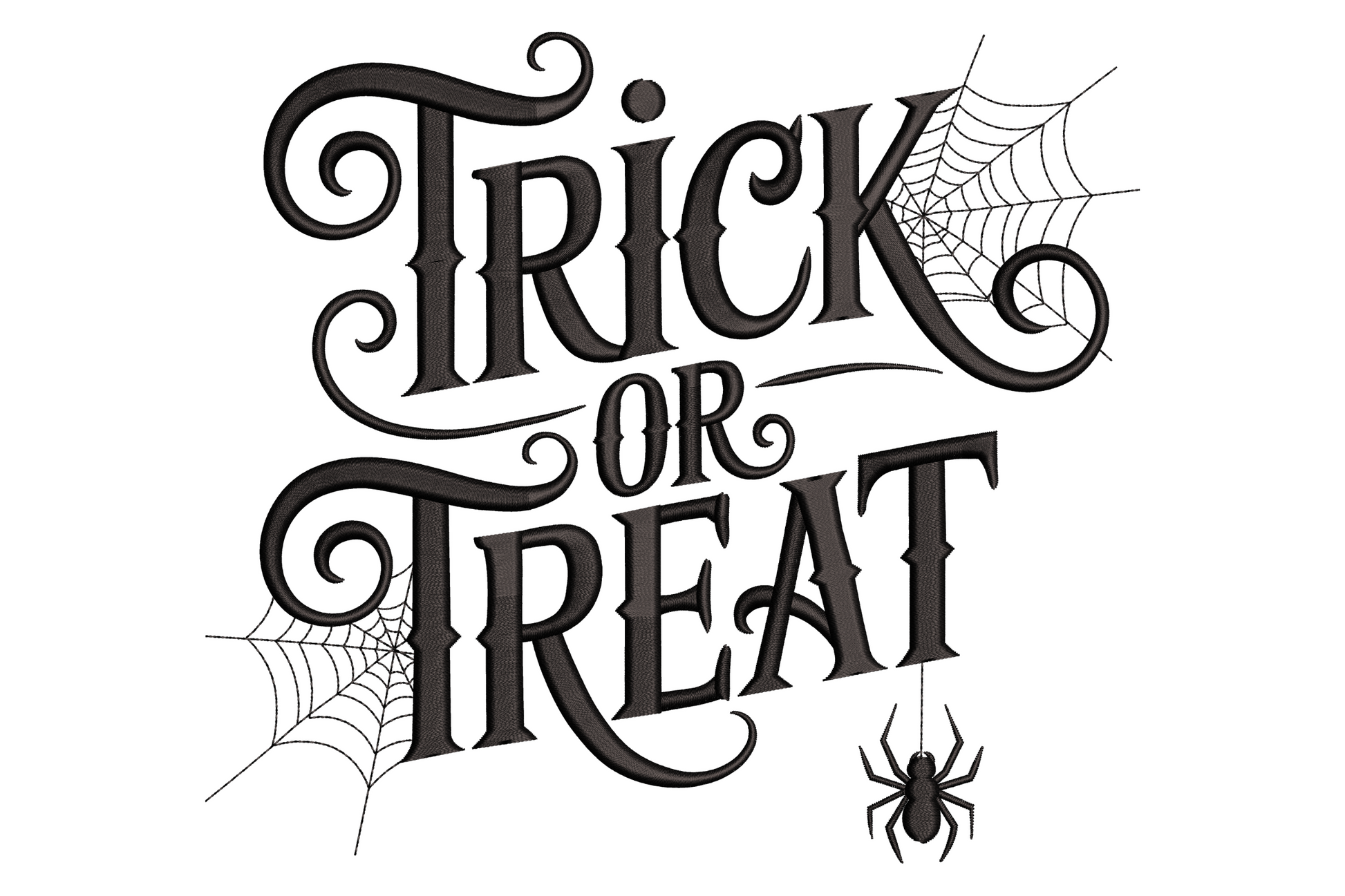 Stylish trick or treat halloween lettering embroidery design, single colour flowing calligraphic script, 3.5 by 3.12 inches, clean modern halloween machine embroidery.