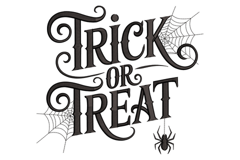 Stylish trick or treat halloween lettering embroidery design, single colour flowing calligraphic script, 3.5 by 3.12 inches, clean modern halloween machine embroidery.