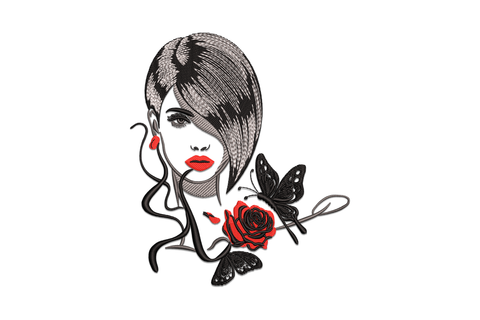 Stylish woman face embroidery design, editorial fashion portrait with bold lips, arched brow and swept hair, modern illustration style