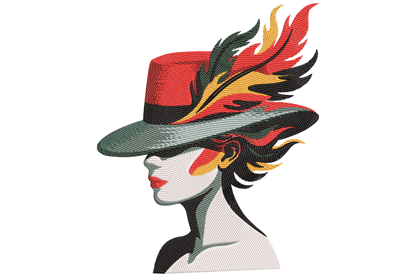 Stylish woman with red hat embroidery, side profile with crimson wide-brim hat, orange feathers and charcoal hair.