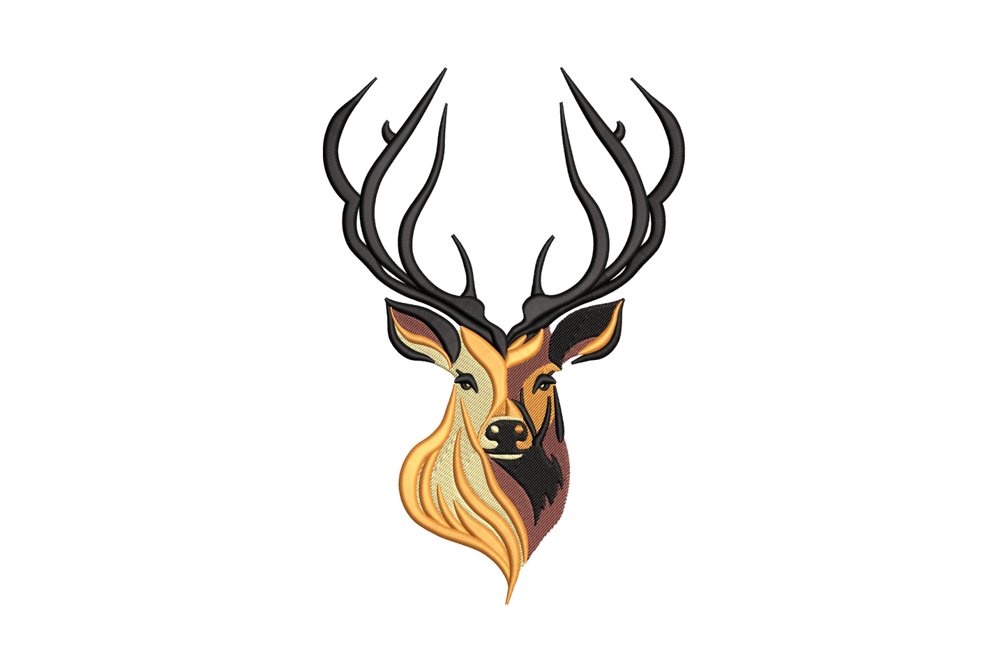 Stylized stag head embroidery design, art-nouveau style with amber-gold base, dark brown accents, flowing orange mane, bold black outline, 4 colors