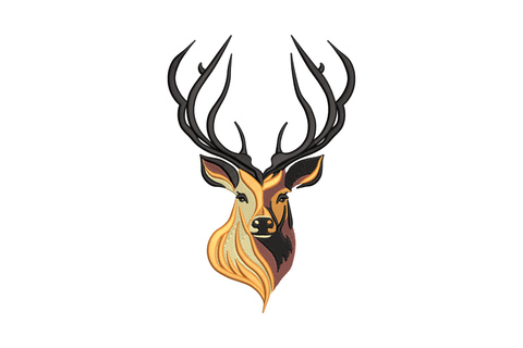 Stylized stag head embroidery design, art-nouveau style with amber-gold base, dark brown accents, flowing orange mane, bold black outline, 4 colors