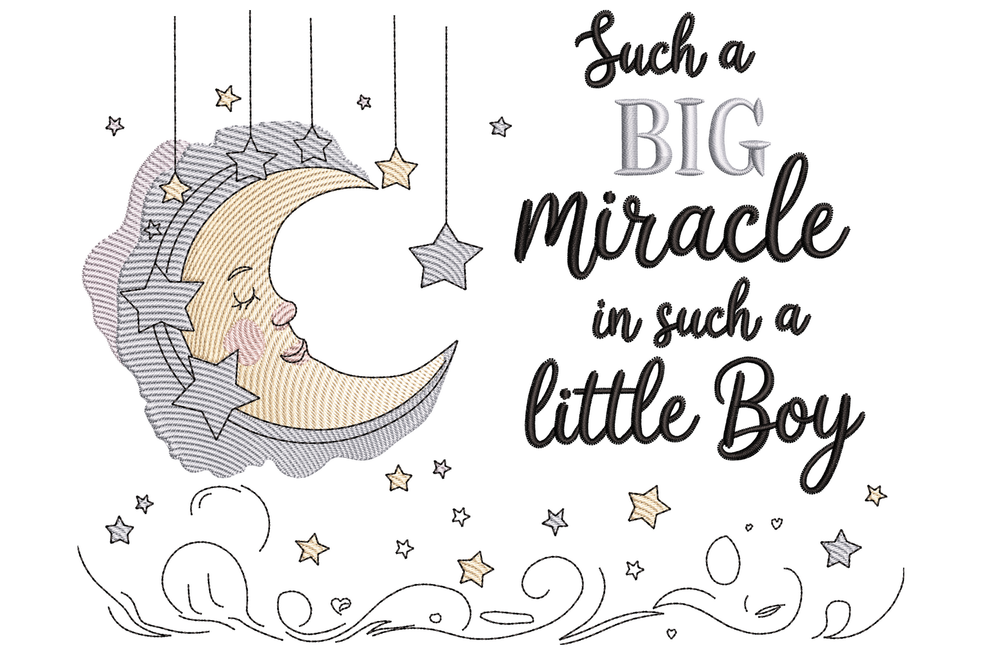 Such a Big Miracle in Such a Little Boy nursery embroidery with sleeping crescent moon, dangling stars on threads and swirly star streamer base.