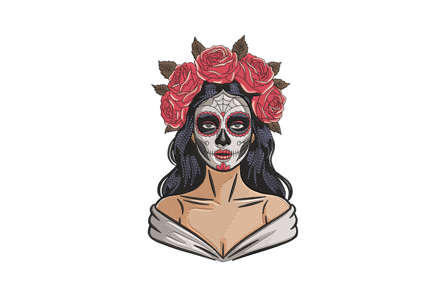Embroidered patch of a woman with a skull makeup and red roses on her head against a white background