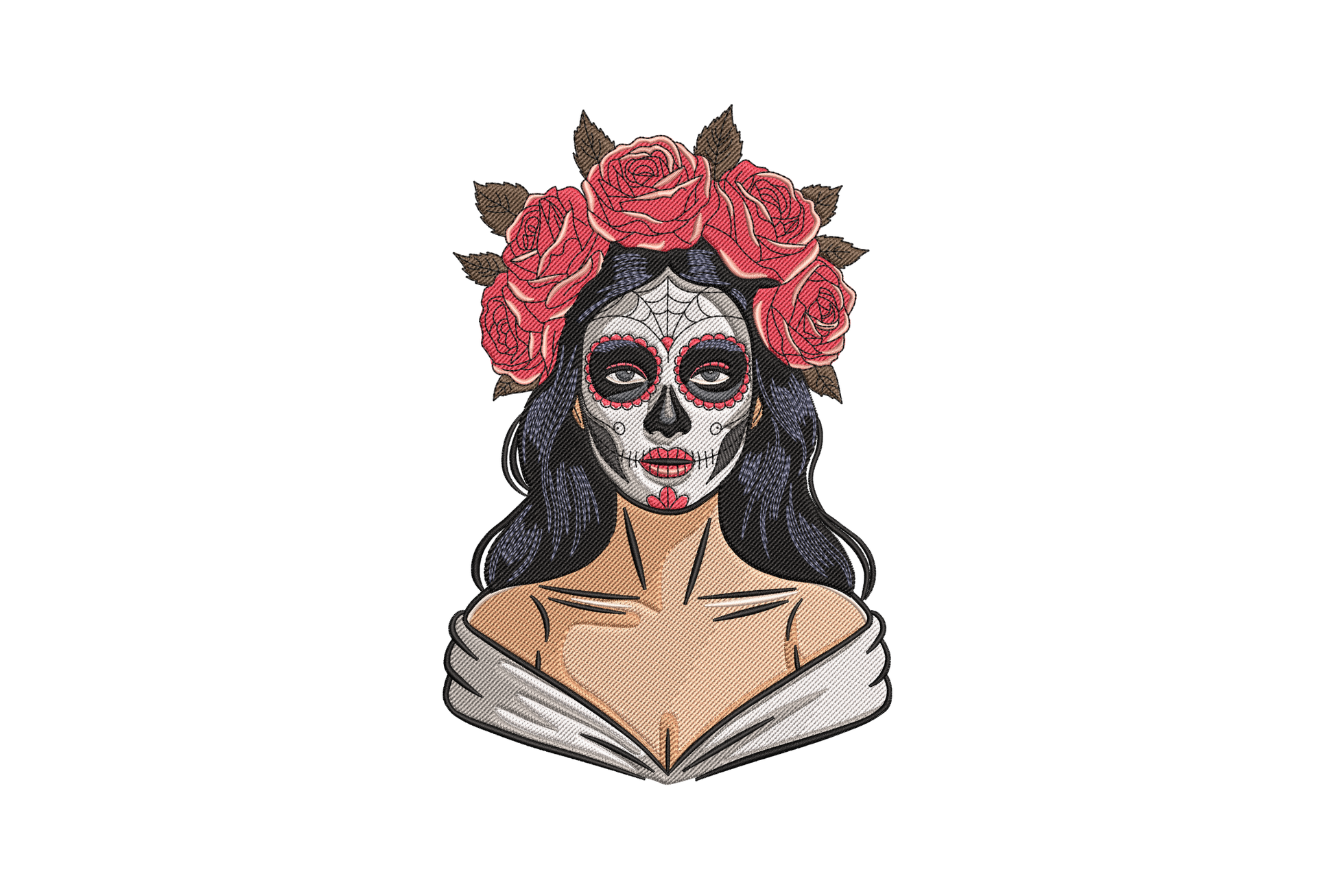 Embroidered patch of a woman with a skull makeup and red roses on her head against a white background