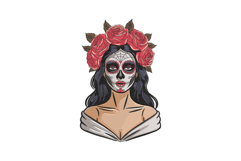 Embroidered patch of a woman with a skull makeup and red roses on her head against a white background