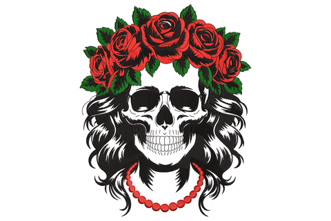 Sugar skull lady portrait with red rose crown and ornate floral eye sockets, bold black outlines, white skull face, gothic day of the dead machine embroidery design.