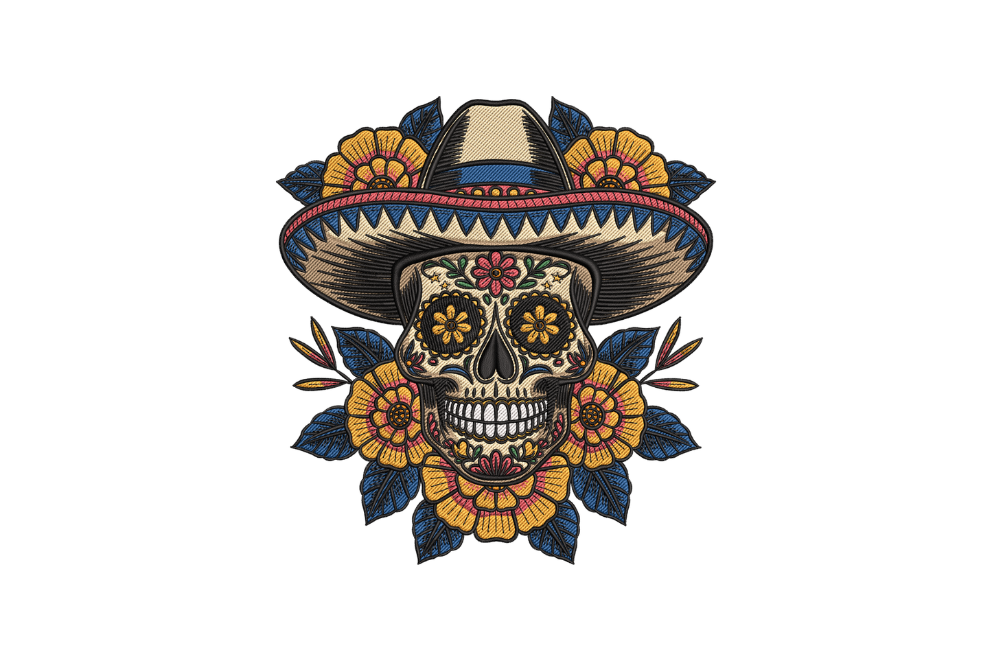 Colorful skull design with a sombrero and flowers embroidery design