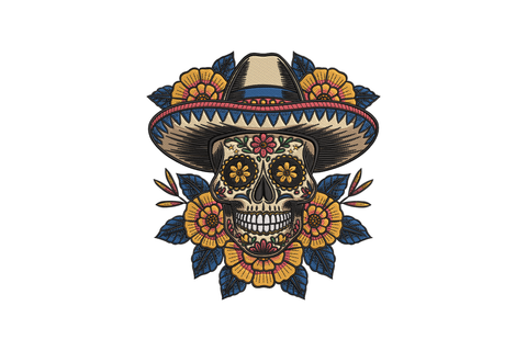 Colorful skull design with a sombrero and flowers embroidery design