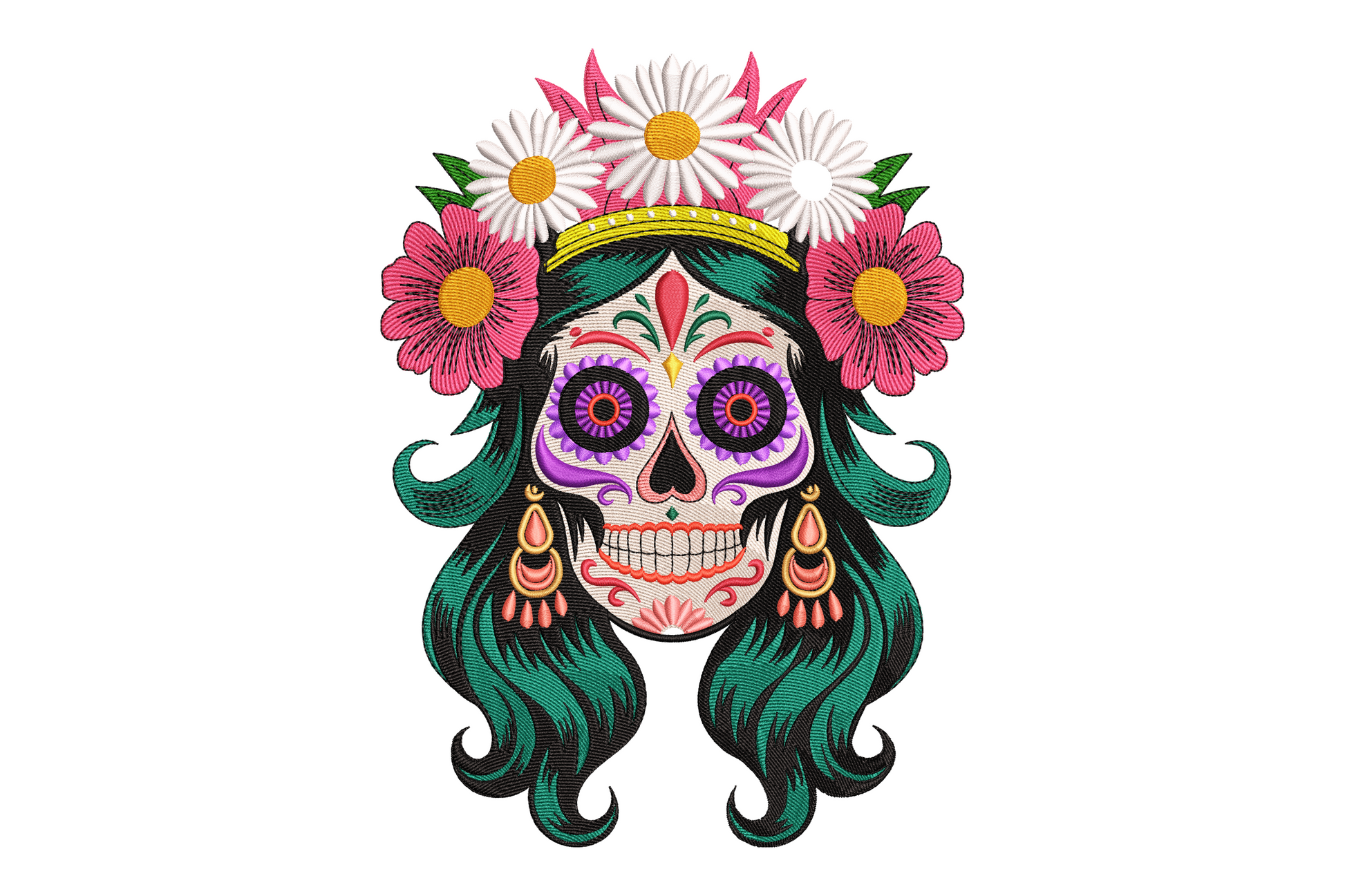 Day of the dead sugar skull lady with teal green hair, purple painted skull face, pink daisy floral crown headpiece, gold tiara and dangly earrings, vibrant catrina halloween embroidery