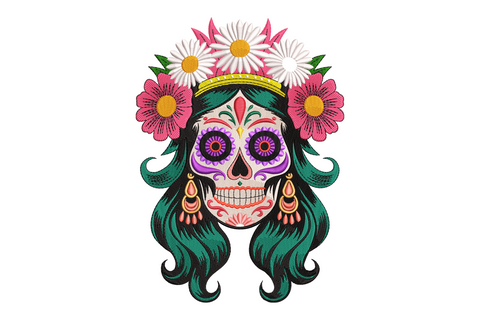 Day of the dead sugar skull lady with teal green hair, purple painted skull face, pink daisy floral crown headpiece, gold tiara and dangly earrings, vibrant catrina halloween embroidery