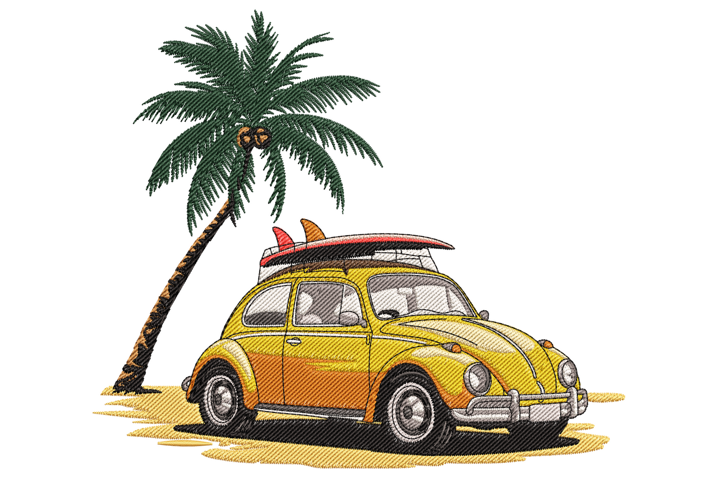 Retro beach car with surfboards and palm tree embroidery, coral orange and sky blue on cream cotton, 70s surf vibe.
