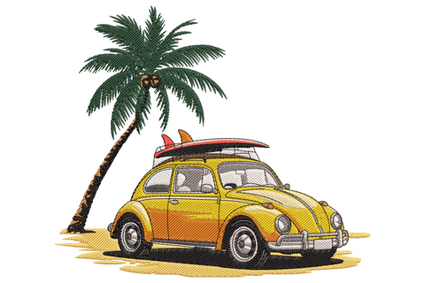 Retro beach car with surfboards and palm tree embroidery, coral orange and sky blue on cream cotton, 70s surf vibe.