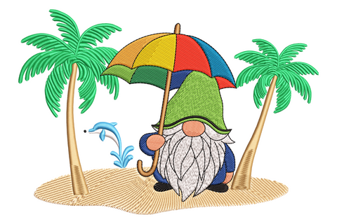 Summer beach gnome embroidery design, crimson hat, amber sand, sky blue water, 15 colours, aqua canvas tote.