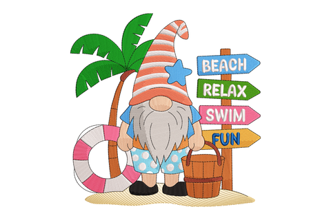 Gnome character with beach accessories and a signpost on a white background