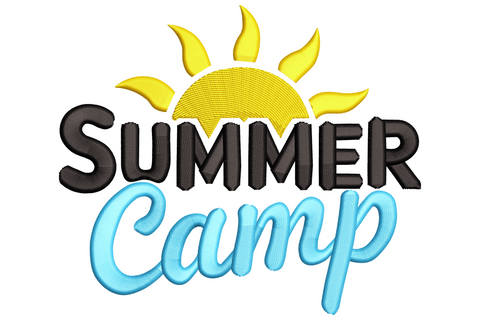 Summer camp embroidery design with bold lettering in 3 colours, navy and golden yellow casual script with accent elements on light fabric.