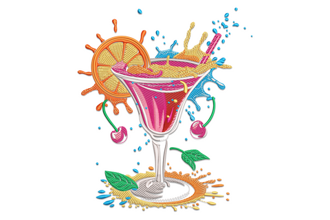 Summer cocktail embroidery design, pink martini glass with blue splash, citrus garnish, red cherries and green leaves.