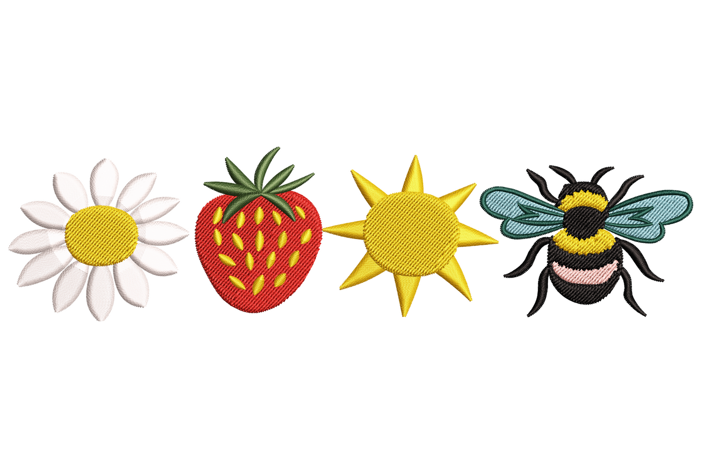 Horizontal summer icon row embroidery design with white daisy, red strawberry, yellow sunburst, and golden bumblebee.