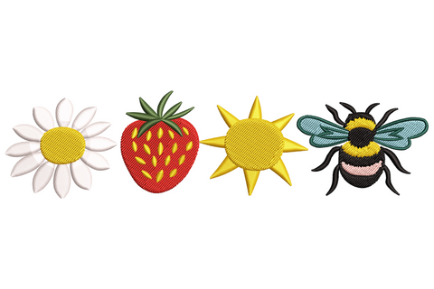 Horizontal summer icon row embroidery design with white daisy, red strawberry, yellow sunburst, and golden bumblebee.