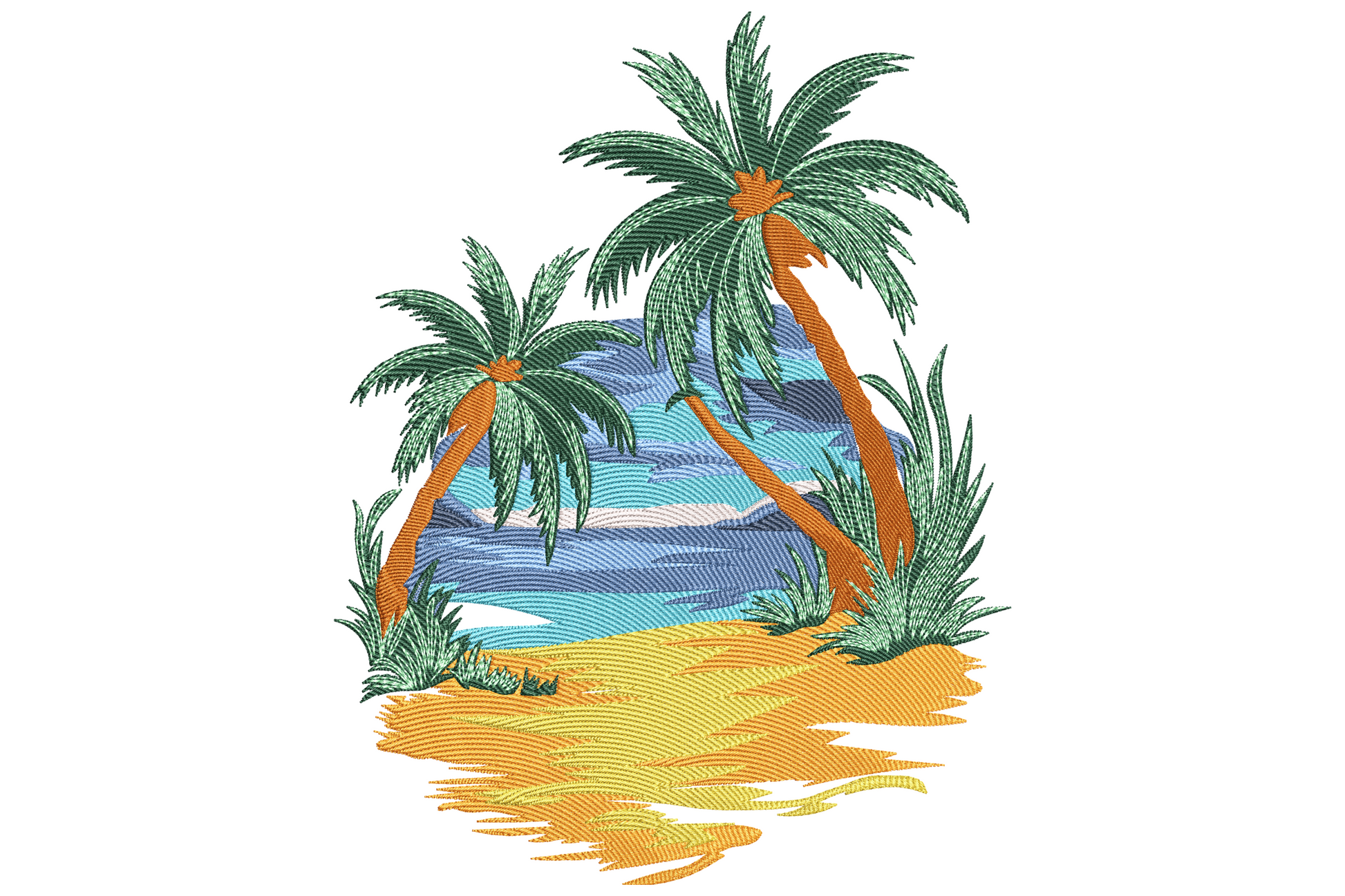 Summer island palm landscape embroidery design with two leaning palm trees, blue lagoon water and yellow sandy cove.