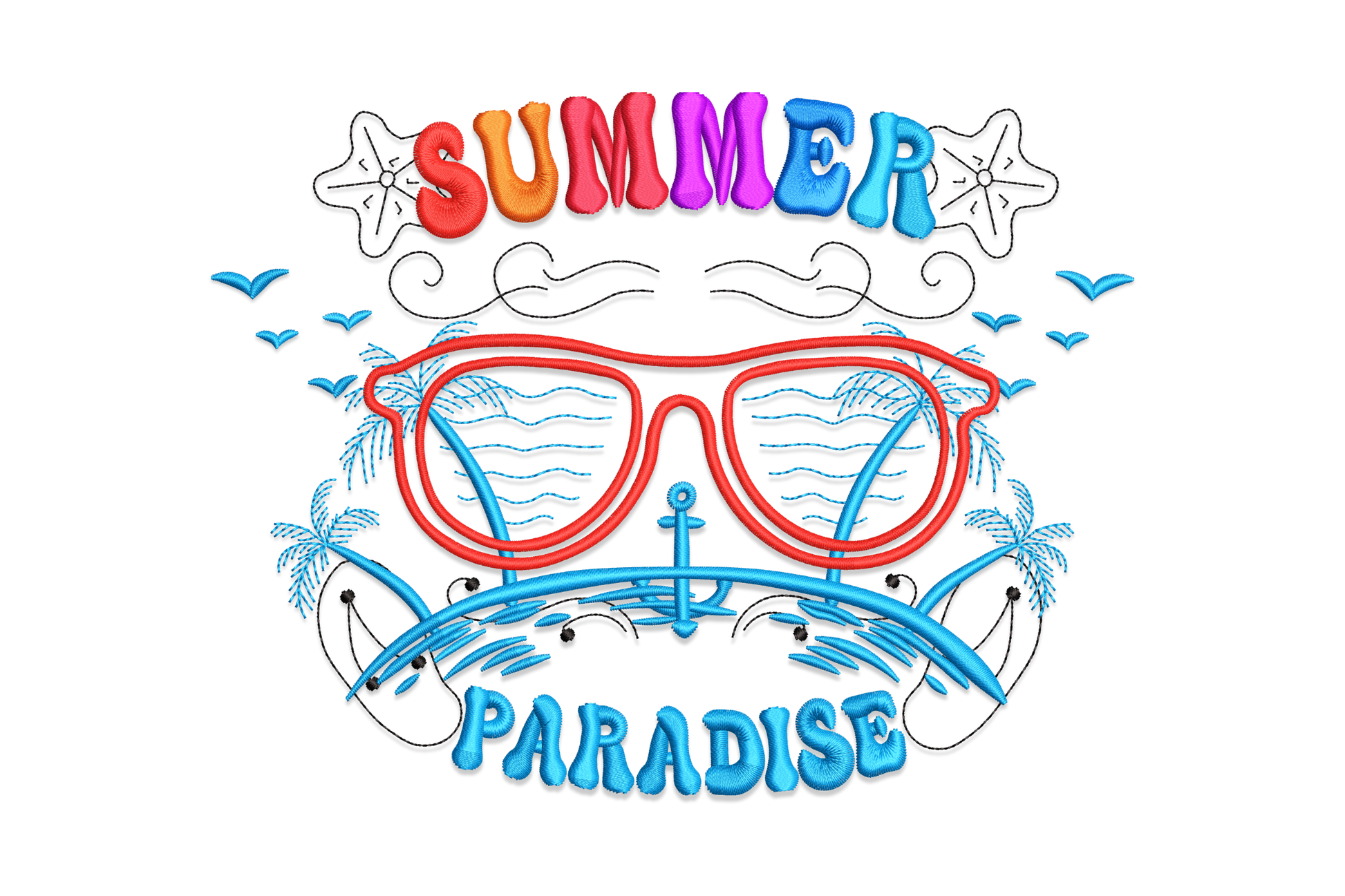 Summer Paradise machine embroidery design, tropical hammock island vignette in sunset peach, teal water and palm green, 4 sizes up to 5.35 inches