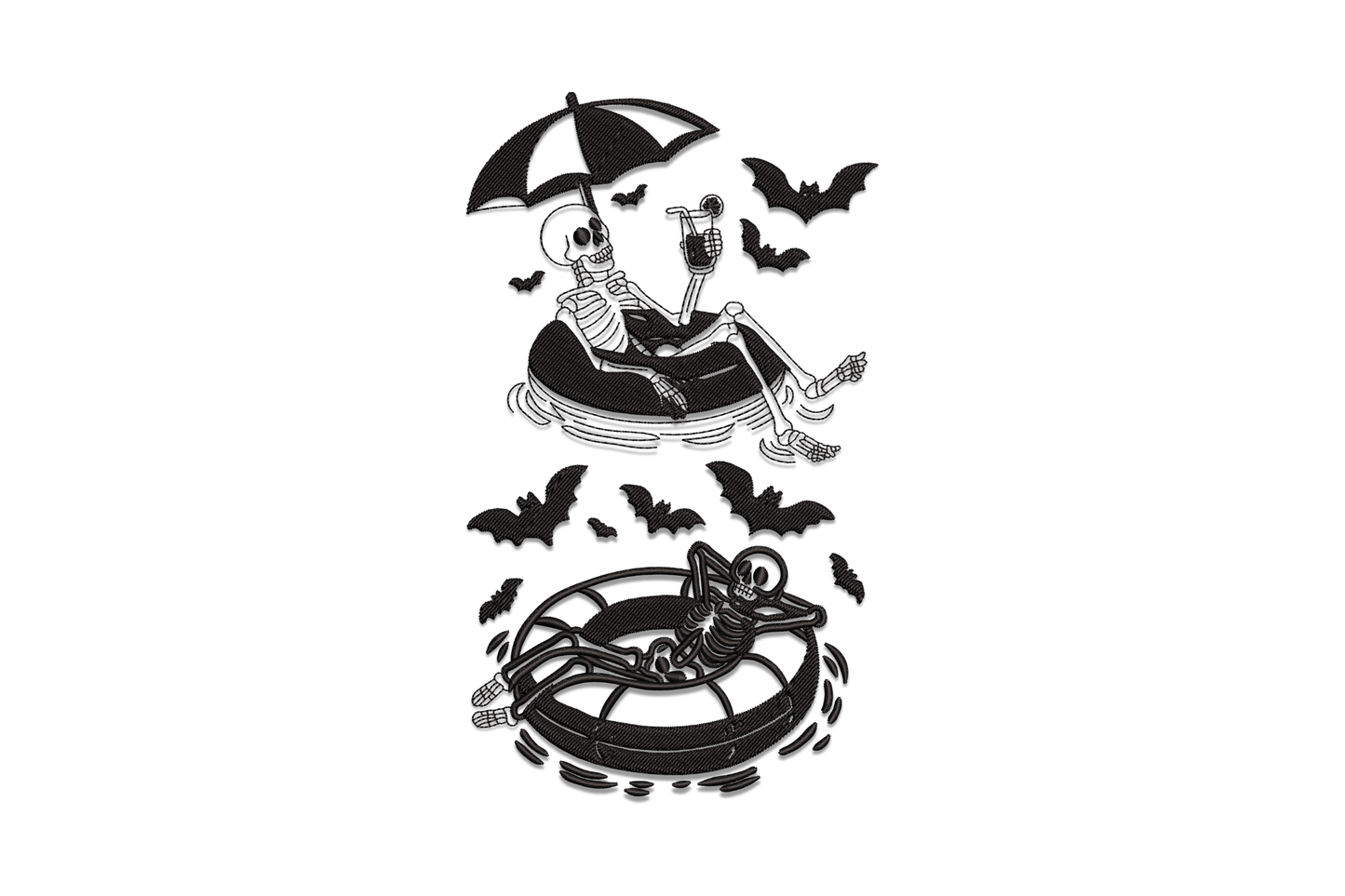 Summer skeleton relaxing in pool float tube embroidery design, funny halloween-summer mashup, single colour, 5 sizes from 3.51 to 7.51 inches wide