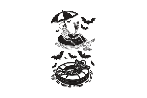 Summer skeleton relaxing in pool float tube embroidery design, funny halloween-summer mashup, single colour, 5 sizes from 3.51 to 7.51 inches wide
