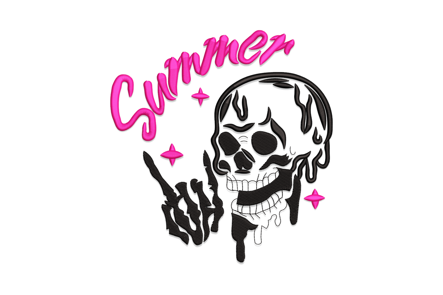 Summer skull machine embroidery design, cartoon skull with round sunglasses and tropical flower crown in black and white, 5 sizes up to 7.01 inches