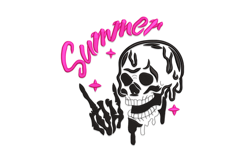 Summer skull machine embroidery design, cartoon skull with round sunglasses and tropical flower crown in black and white, 5 sizes up to 7.01 inches