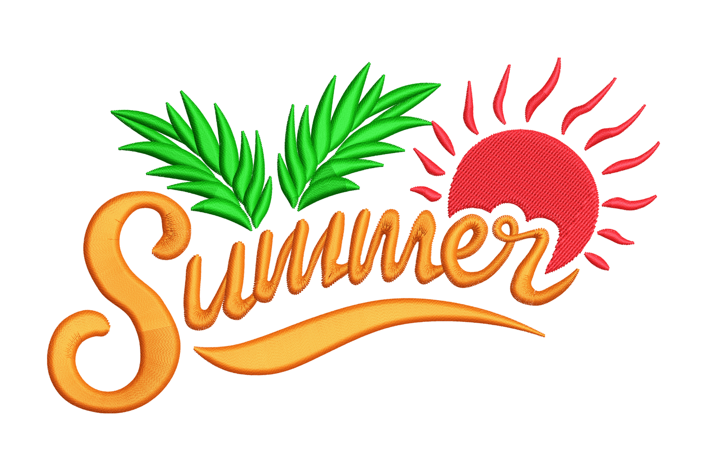 Summer sun palm leaves embroidery design with retro cursive Summer script, palm fronds, and red sun, machine embroidery pattern 5 sizes.