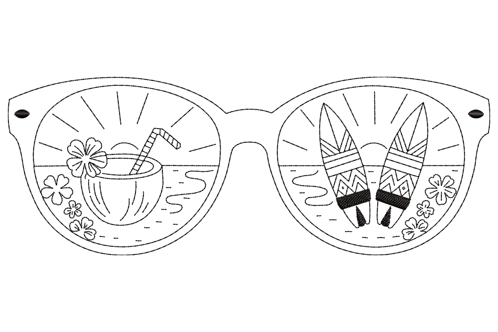 Wide round sunglasses with a palm tree and sun in the left lens and ocean waves in the right lens, single-colour line-art summer beach badge embroidery design.