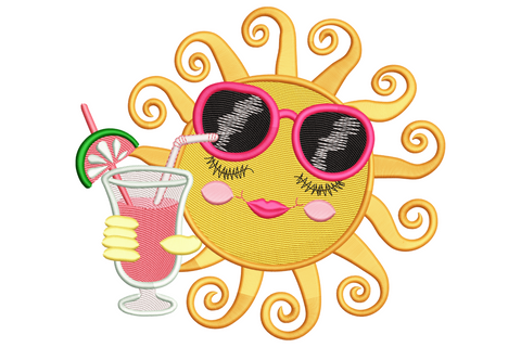 Smiling summer sun embroidery with curly orange rays, hot pink sunglasses, blush cheeks and a tropical drink in mint glass.