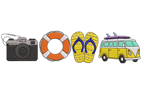Summer vacation essentials embroidery banner design with beach icons including sunglasses sunscreen and flip flops in aqua coral and yellow, 13 colours.