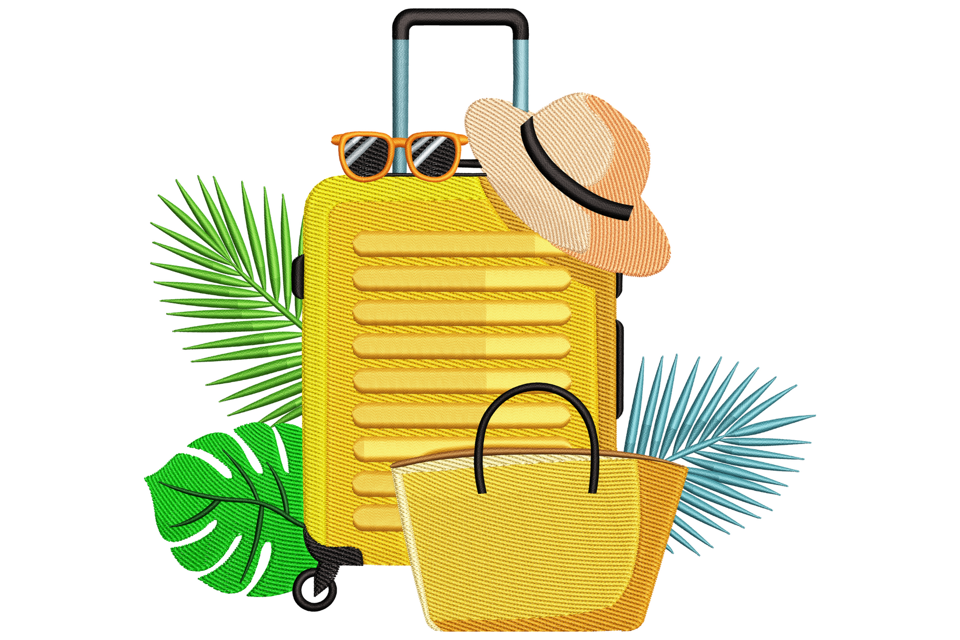 Yellow rolling suitcase with sunglasses peach fedora woven beach tote and teal palm leaves summer embroidery design