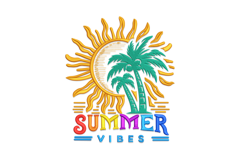 Summer Vibes embroidery design with radiating golden sun, twin teal palm trees and rainbow gradient SUMMER VIBES text below.