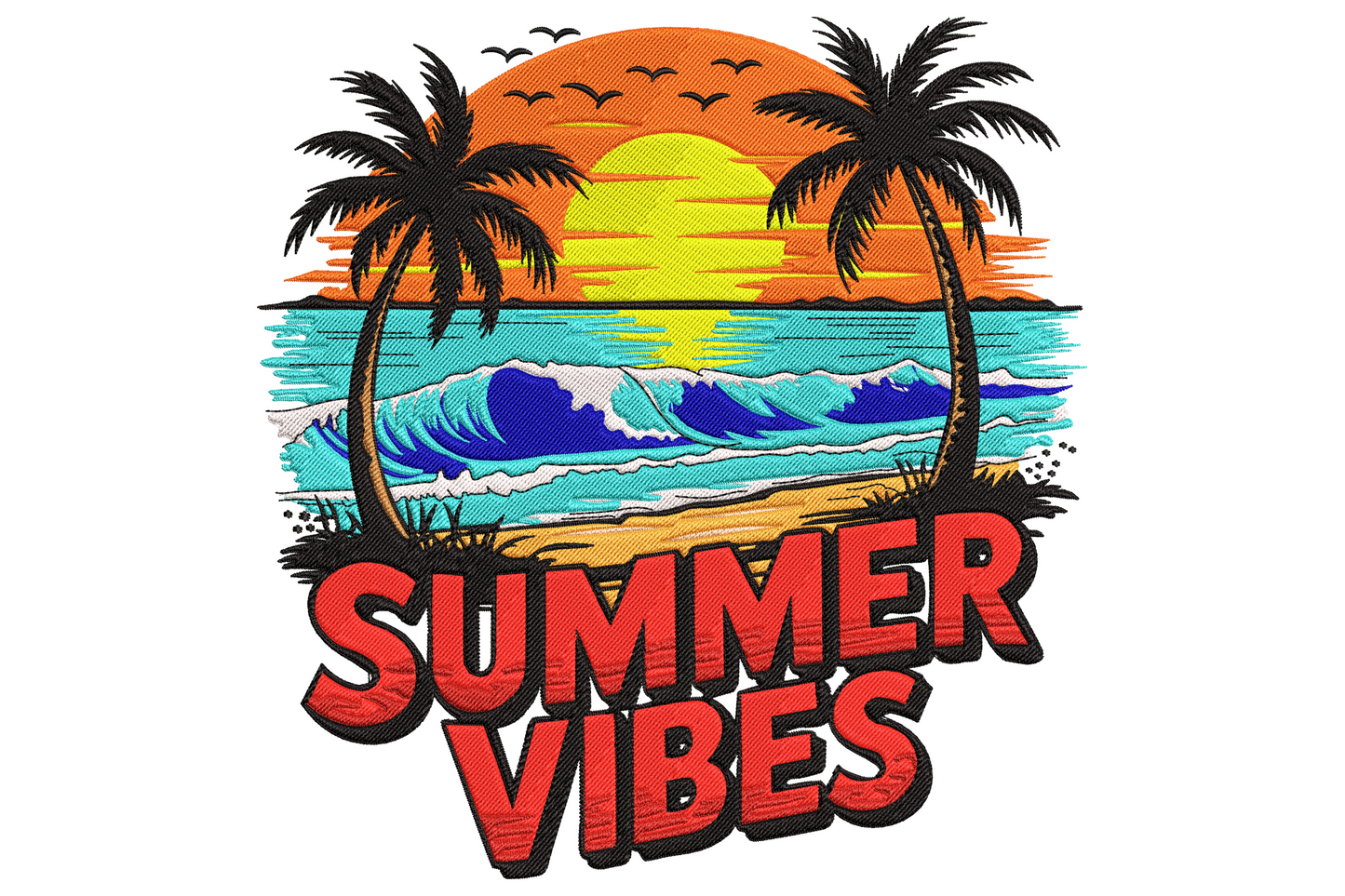 Summer vibes embroidery with sunset circle, two palm silhouettes, ocean waves and bold red lettering with rust shadow