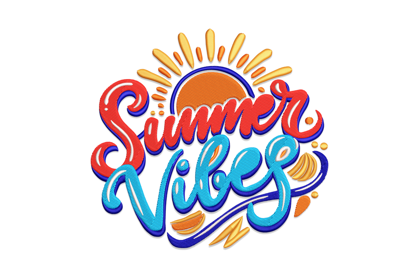 Elegant Summer Vibes machine embroidery design, flowing calligraphy script with tropical floral botanical wreath in dusty rose and forest green, 4 sizes