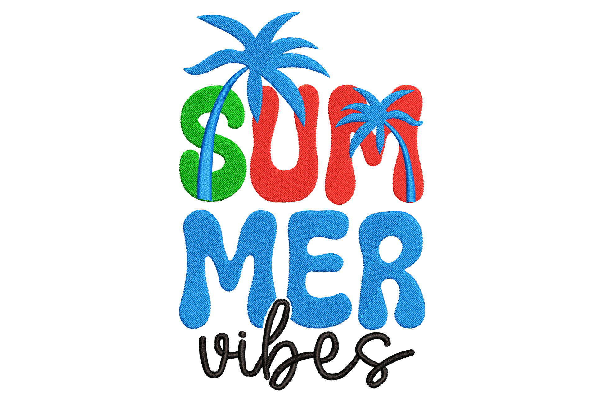 Summer Vibes Palm Tree embroidery design stacked retro letters in green red blue with two blue palm tree silhouettes