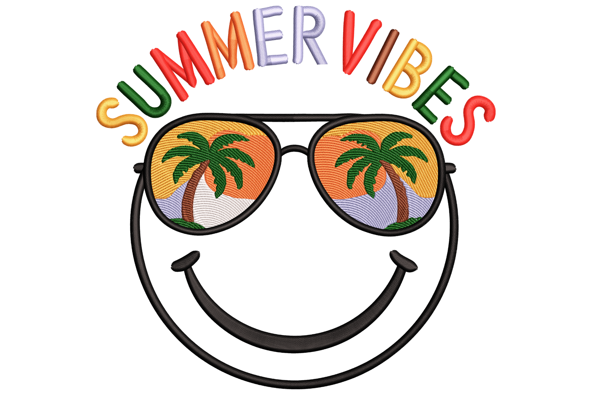 Black smiley face in aviator sunglasses with palm sunset reflections under arched multi colour Summer Vibes lettering