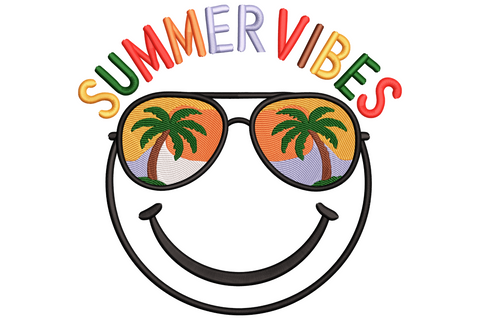 Black smiley face in aviator sunglasses with palm sunset reflections under arched multi colour Summer Vibes lettering