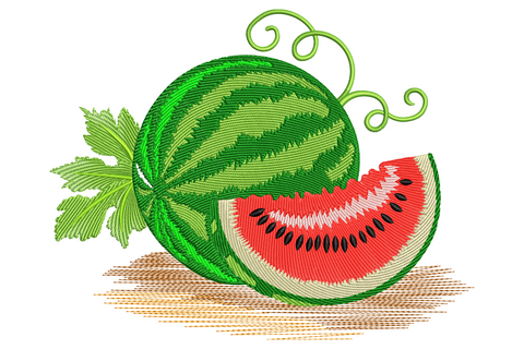 Summer watermelon slice embroidery design showing a whole green melon and a coral red wedge with seeds, curling vines on top.