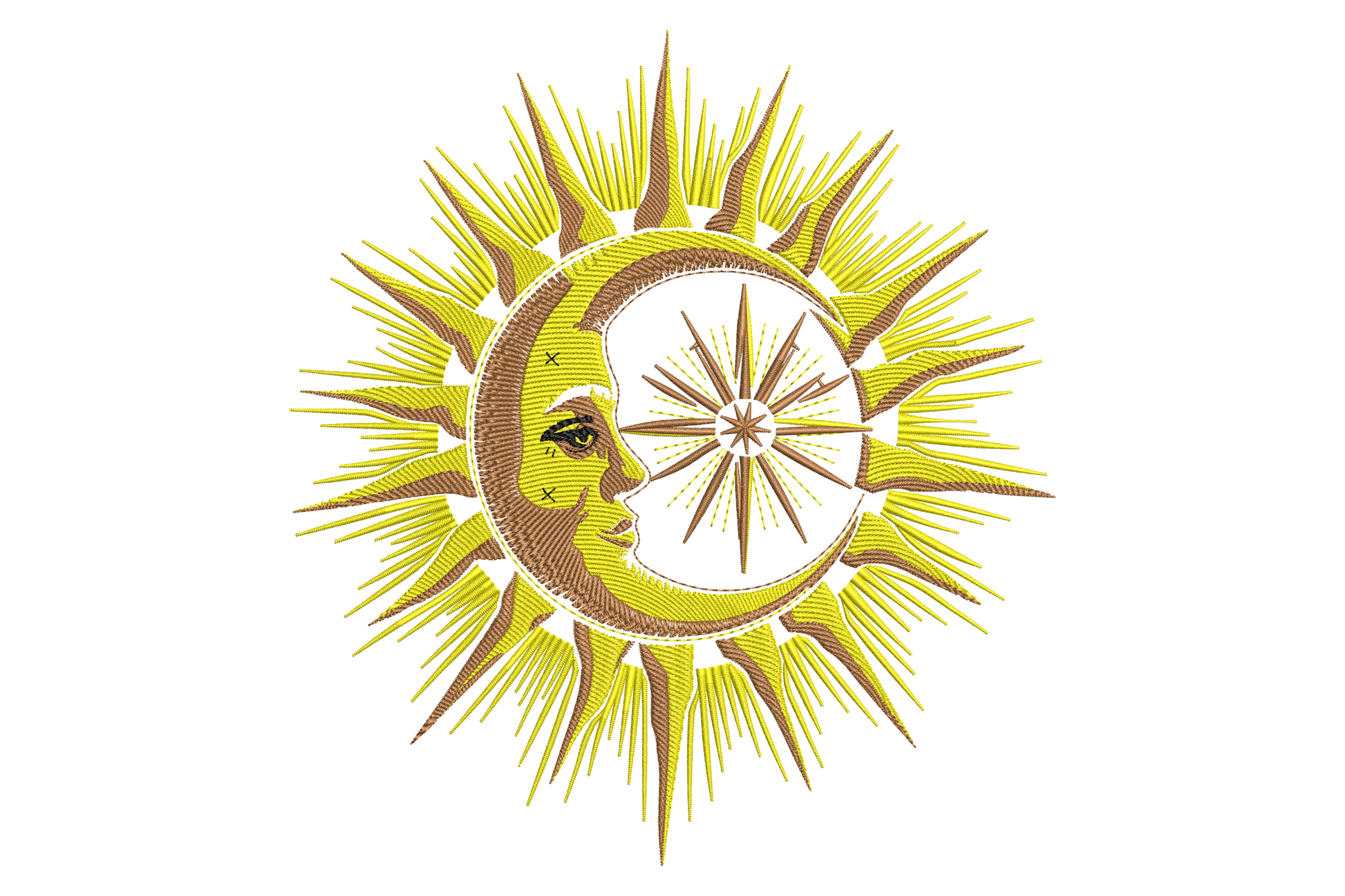 Sun moon celestial machine embroidery design, sun face with crescent moon and stars in gold and navy on cream linen