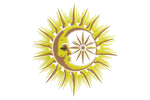 Sun moon celestial machine embroidery design, sun face with crescent moon and stars in gold and navy on cream linen