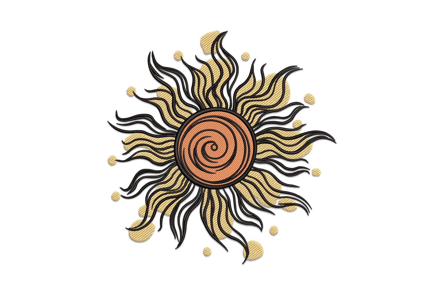 Sun swirl embroidery design, boho sun with curling swirl rays, 3 colours, 5 sizes for linen tote bags and celestial boho decor projects