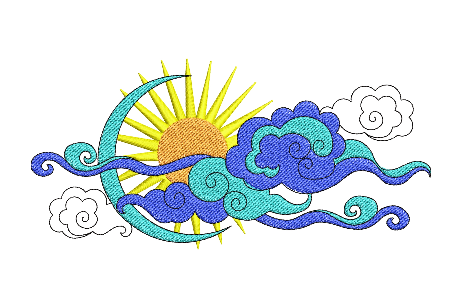 Sun moon swirling clouds embroidery design, crescent moon and sun in folk-art style navy and teal wave clouds, wide horizontal layout