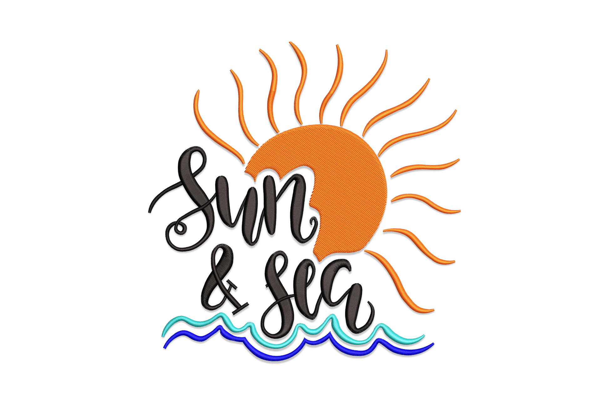 Sun and sea embroidery design with bold brush script in charcoal, a solid orange half-circle sun behind the text and two teal wave lines at the base.